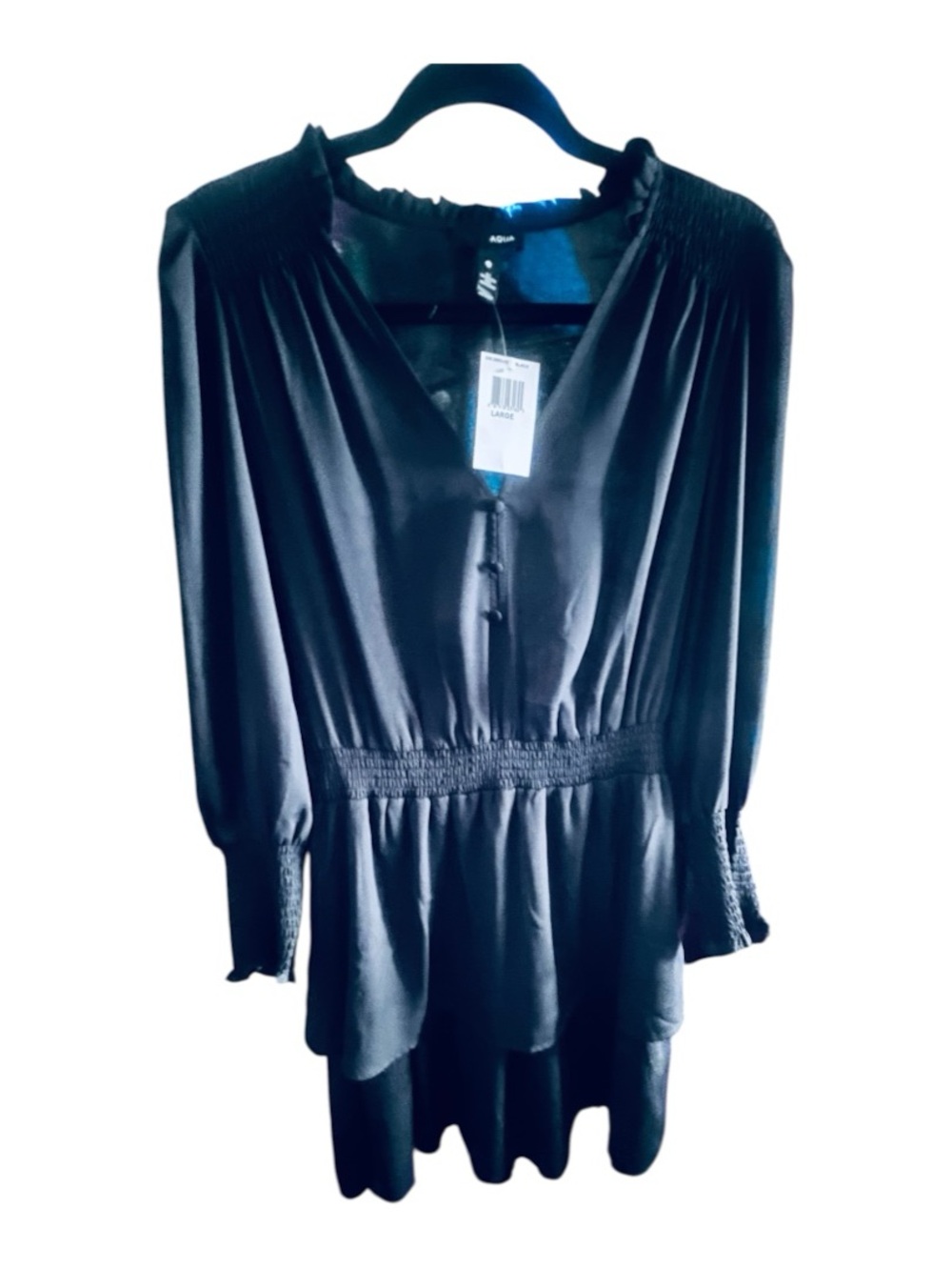 AQUA NWT Black Satin Smocked Waist Long Sleeve Mini Dress Size Large